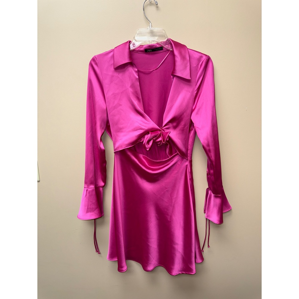 Zara Womens Fuchsia Pink Satin Cutout Tie Front Mini Dress Long Sleeve XS